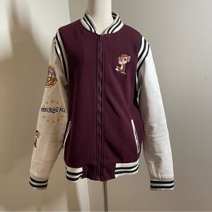 Monkey Face Unisex Embroidered Burgundy White Full Zip Baseball Jacket